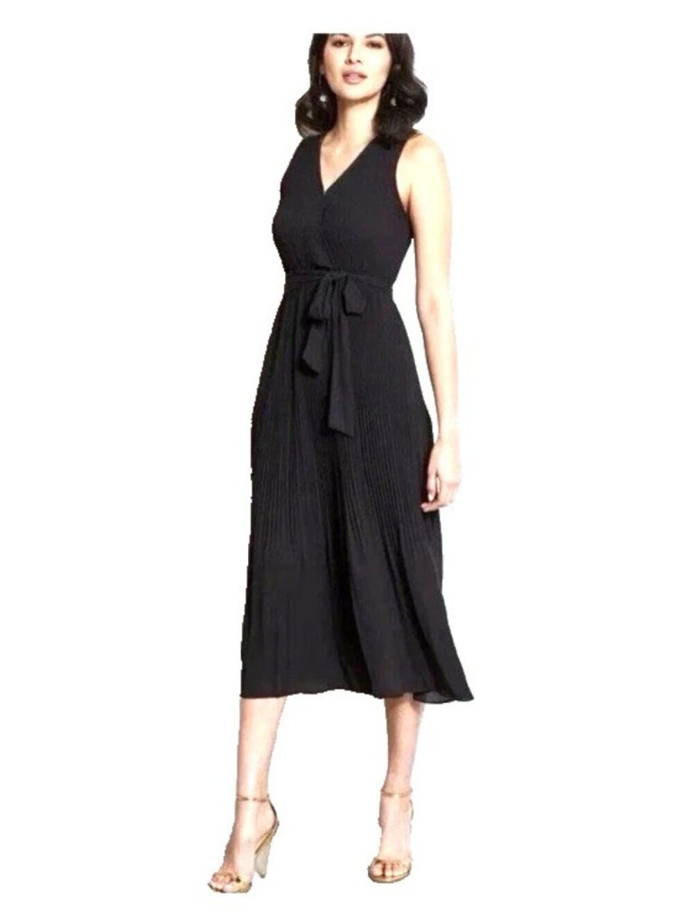 ELIE Elie Tahari Black Sleeveless Pleated Faux Wrap Midi Dress Size Medium